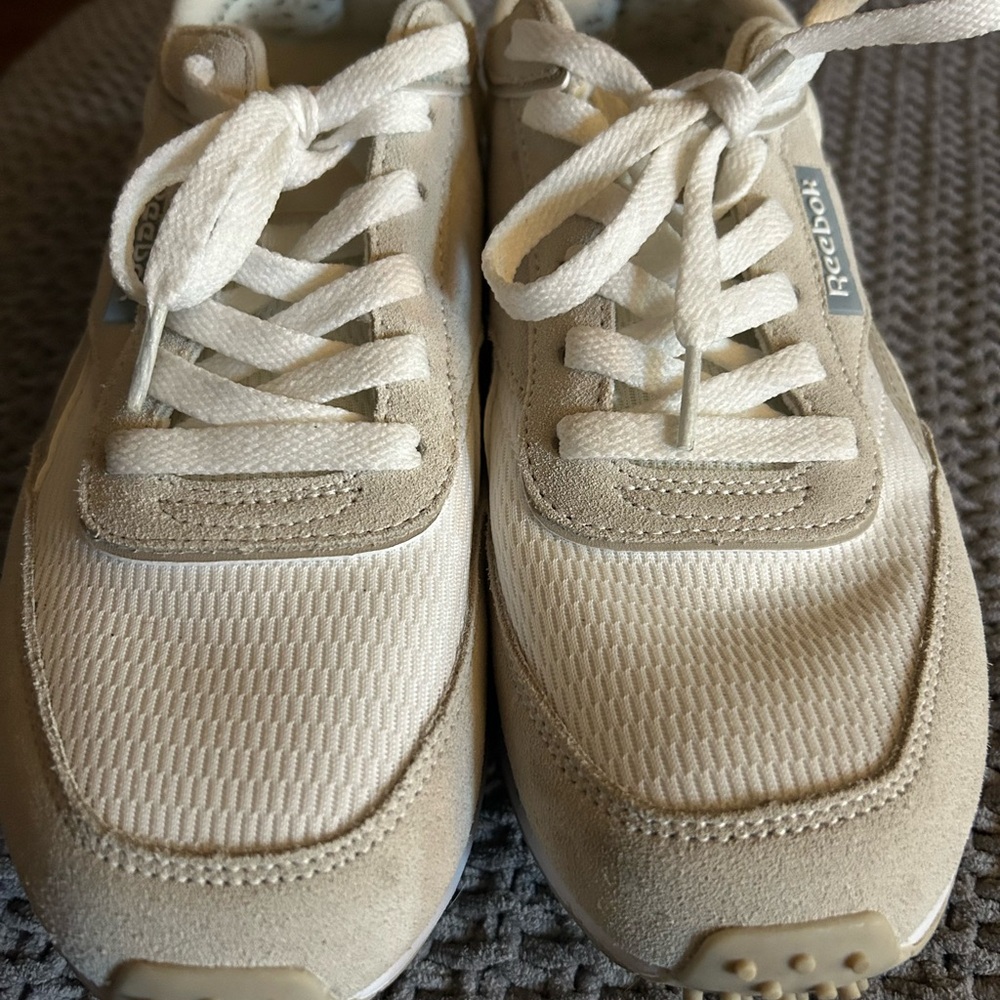Reebok Cream & White Suede Mesh Sneakers